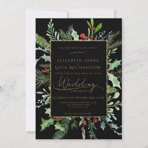 Gold Moody Winter Berry Botanical Monogram Wedding Invitation