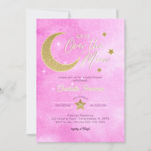 Gold Moon and Stars Baby Girl Were Over The Moon Invitation