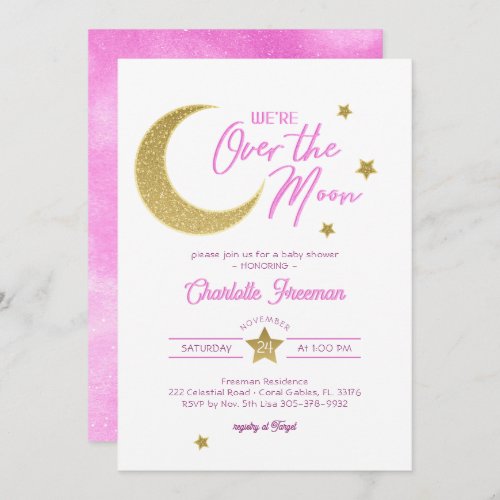 Gold Moon and Stars Baby Girl Were Over The Moon Invitation