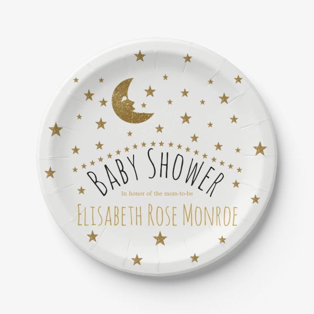 Gold Moon and Stars Baby Shower Paper Plates (Front)