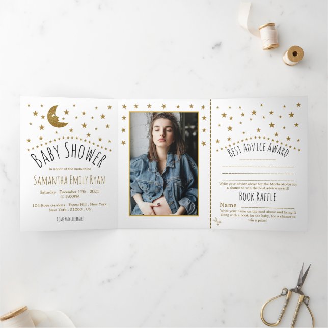 Gold Moon and Stars, Baby Shower Suite Tri-Fold Invitation (Inside)