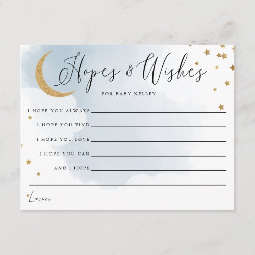 Gold Moon and Stars Blue Baby Shower Advice Card