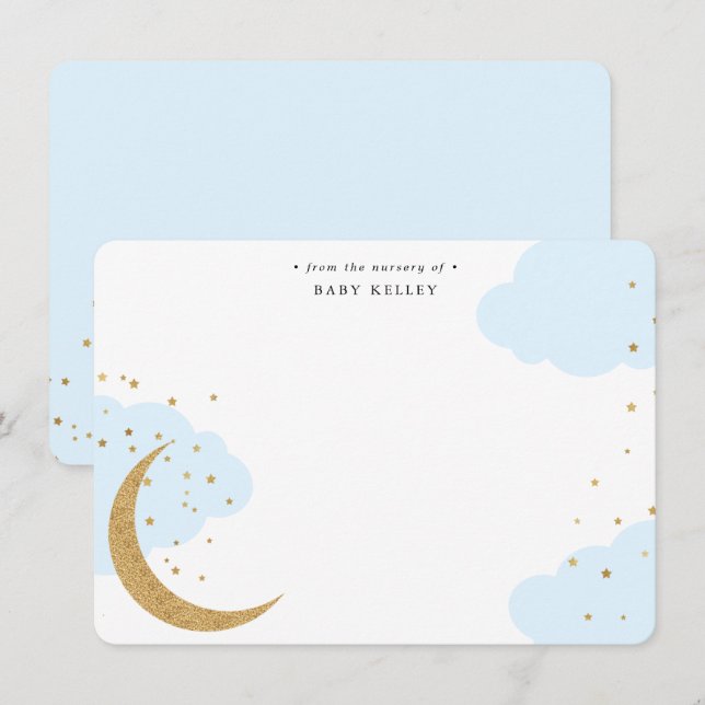 Gold Moon and Stars, Blue Clouds Baby Flat Note Card (Front/Back)