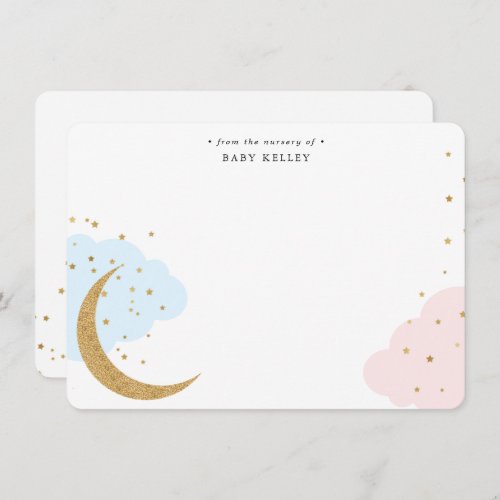 Gold Moon and Stars Blue Pink Clouds Baby Flat Note Card