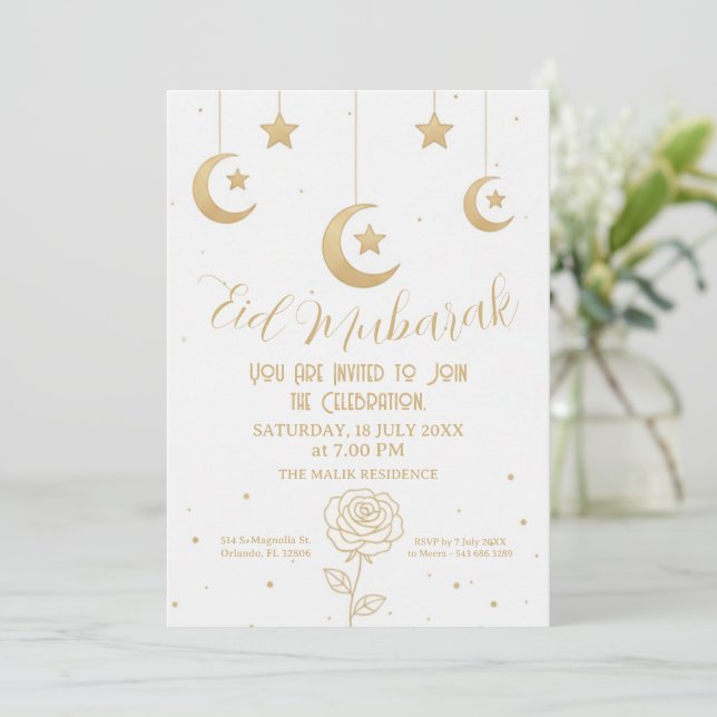Gold Moon and Stars Eid Mubarak Invitation (Standing Front)