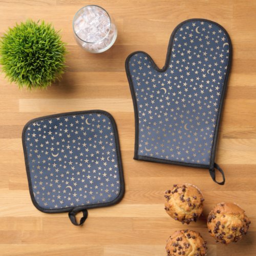 Gold Moon and Stars Night Sky Oven Mitt  Pot Holder Set