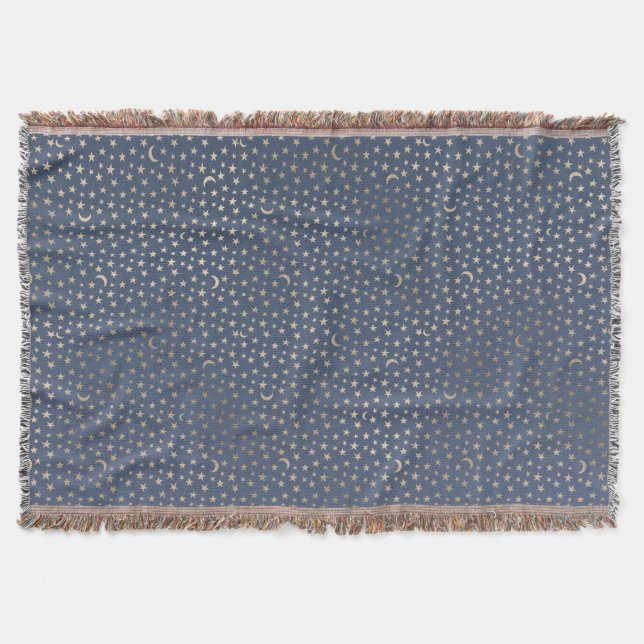 Gold Moon and Stars Night Sky Throw Blanket (Front)