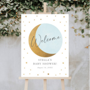 Gold Moon and Stars Script Baby Shower Welcome Foam Board