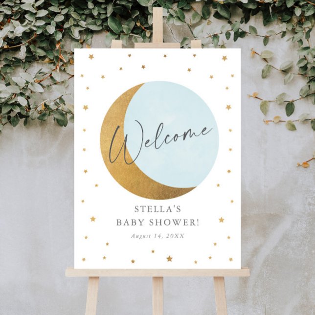 Gold Moon and Stars Script Baby Shower Welcome Foam Board (Gold moon and stars blue boys baby shower welcome sign poster.)