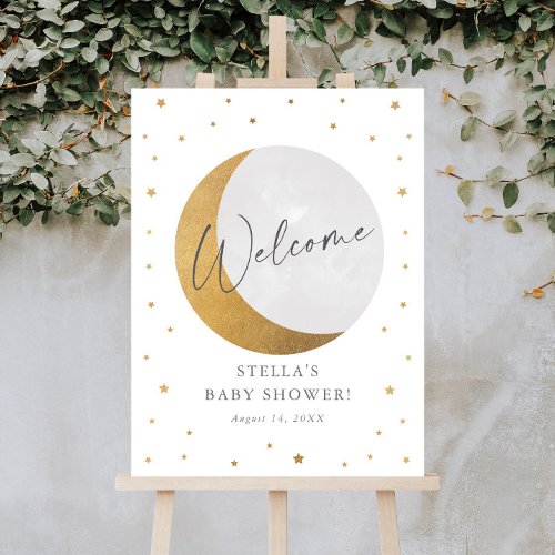 Gold Moon and Stars Script Baby Shower Welcome Foam Board