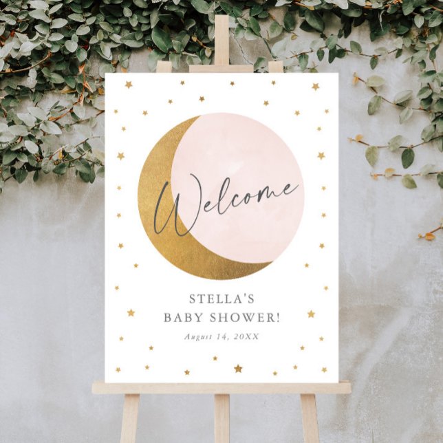 Gold Moon and Stars Script Baby Shower Welcome Foam Board (Gold Moon and Stars Script Baby Shower Welcome Sign.)