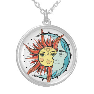 Gold Moon and sun. Vintage tattoo illustration Silver Plated Necklace