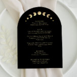 Gold Moon Arch Wedding Menu Card<br><div class="desc">Transform your dining experience with the "Gold Moon Arch Wedding Menu Card, " set against a rich black backdrop. The golden celestial elements, accompanied by the stylishly simple customizable initials, bring a touch of magic to your table settings. Moon phases delicately integrated into the design elevate the dining experience, symbolizing...</div>