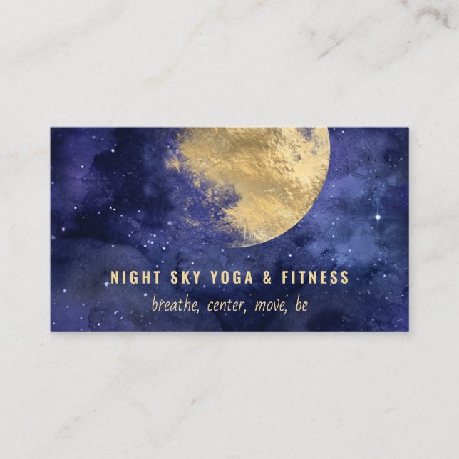 Gold Moon Blue Watercolor Night Sky Nebula Business Card (Front)