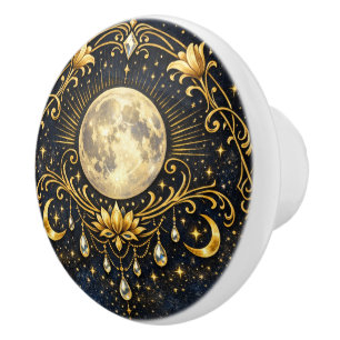 Gold Moon Celestial Lotus Art Design Ceramic Knob