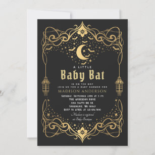 Gold Moon Gothic Baby Bat Lantern Baby Shower Invitation