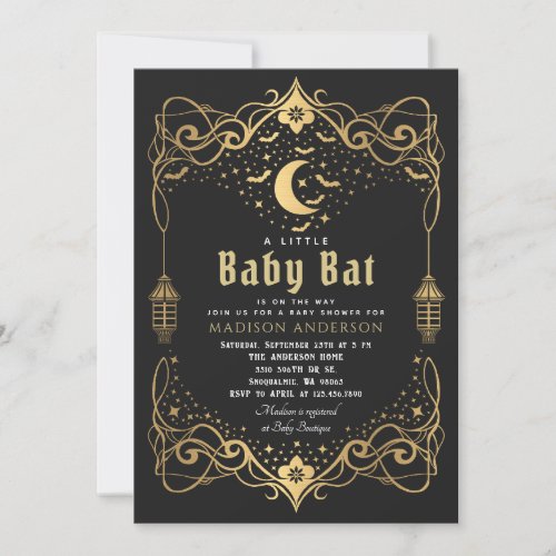 Gold Moon Gothic Baby Bat Lantern Baby Shower Invitation