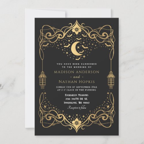 Gold Moon Gothic Bats Lantern Wedding  Invitation
