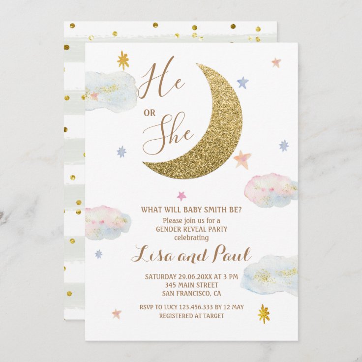 Gold Moon He or She Gender Reveal Invitation | Zazzle