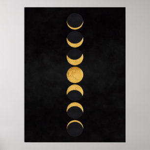 Gold moon phases black textured background poster