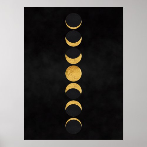 Gold moon phases black textured background poster