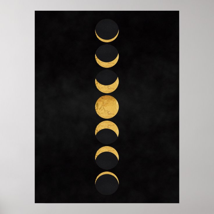 Gold moon phases black textured background poster Zazzle