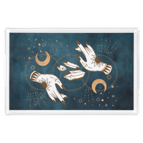 Gold moon phases crystals henna tattoo hands blue acrylic tray