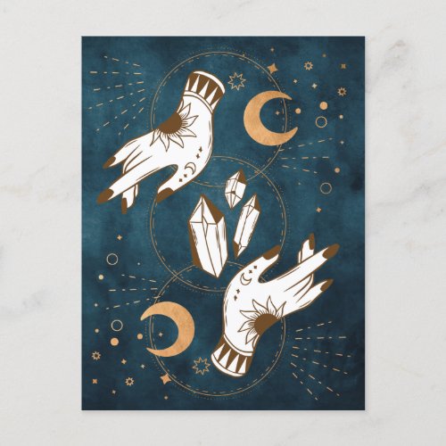 Gold moon phases crystals henna tattoo hands blue postcard