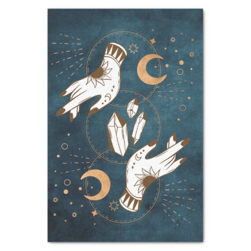 Gold moon phases crystals henna tattoo hands blue tissue paper