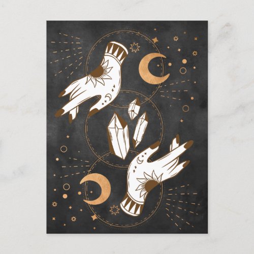 Gold moon phases crystals henna tattoo hands stars postcard