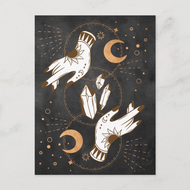 Gold moon phases crystals henna tattoo hands stars postcard (Front)