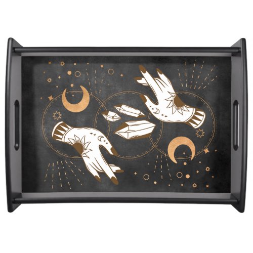 Gold moon phases crystals henna tattoo hands stars serving tray