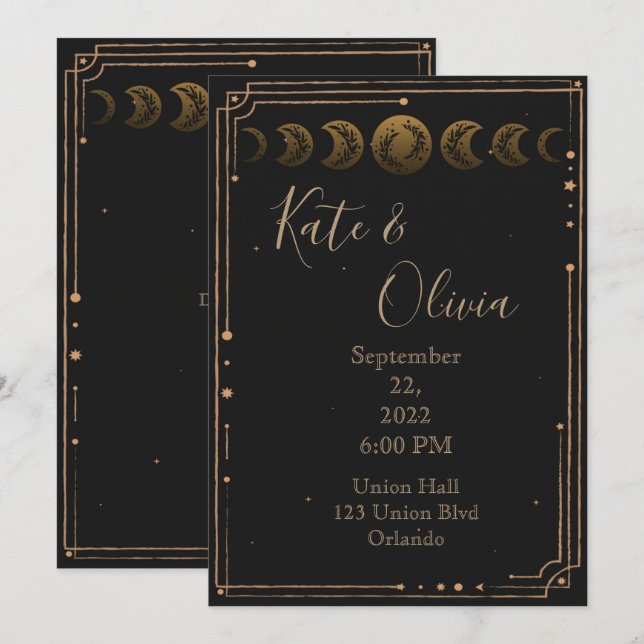 Gold Moon Phases Dark and Moody Wedding Invitation (Front/Back)