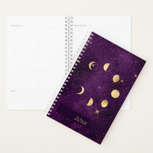 Gold Moon Phases on Purple Stars Planner