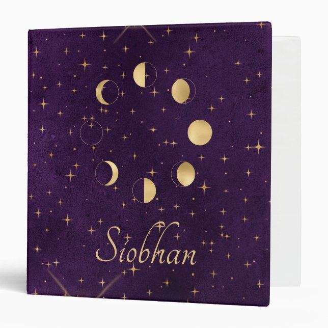 Gold Moon Phases Purple Stars Personalized 3 Ring Binder (Front/Inside)
