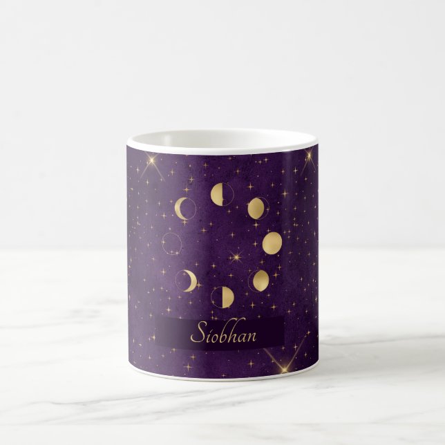 Gold Moon Phases Purple Stars Personalized Coffee Mug (Center)