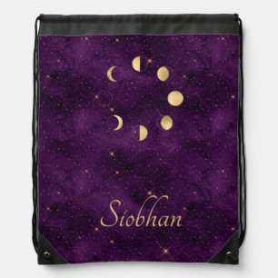 Gold Moon Phases Purple Stars Personalized Drawstring Bag