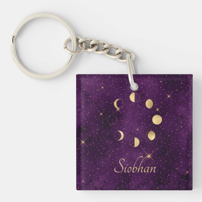 Gold Moon Phases Purple Stars Personalized  Keychain (Front)