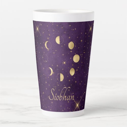 Gold Moon Phases Purple Stars Personalized Latte Mug