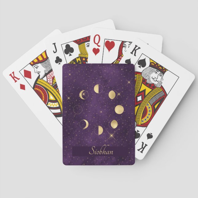 Gold Moon Phases Purple Stars Personalized Poker Cards (Back)
