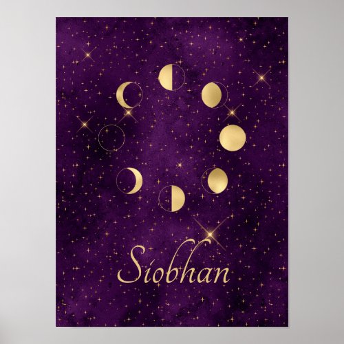 Gold Moon Phases Purple Stars Personalized Poster
