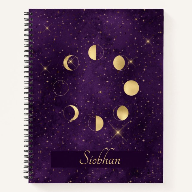 Gold Moon Phases Purple Stars Personalized Sketch Notebook (Front)