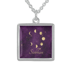 Gold Moon Phases Purple Stars Personalized Sterling Silver Necklace