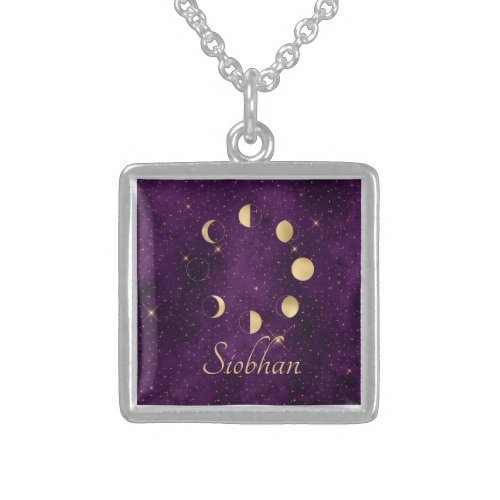 Gold Moon Phases Purple Stars Personalized  Sterling Silver Necklace