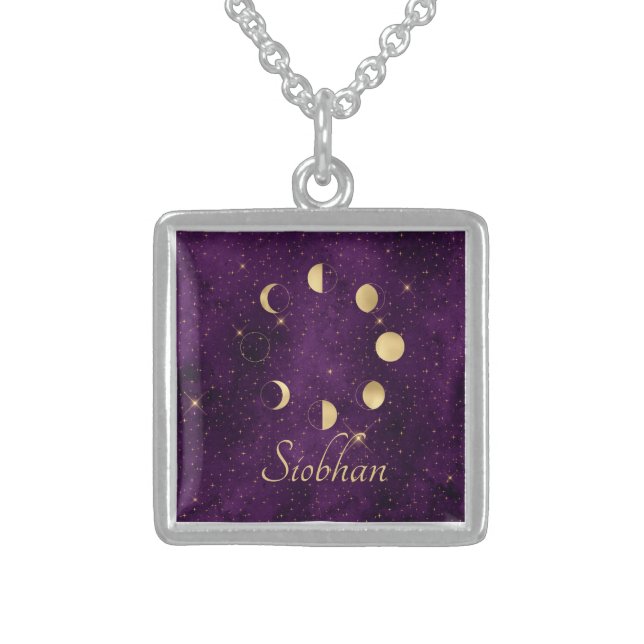 Gold Moon Phases Purple Stars Personalized  Sterling Silver Necklace (Front)