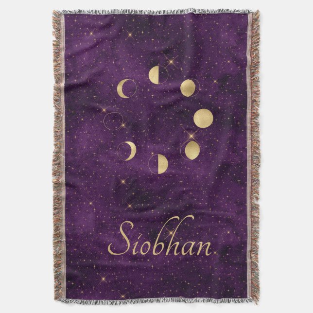 Gold Moon Phases Purple Stars Personalized Throw Blanket (Front Vertical)