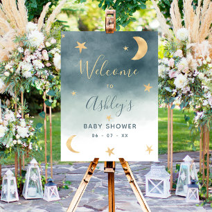 Gold moon star blue watercolor baby shower welcome foam board