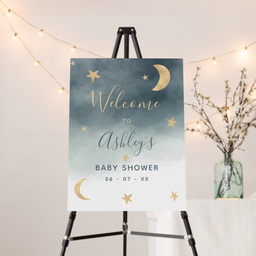 Gold moon star blue watercolor baby shower welcome foam board