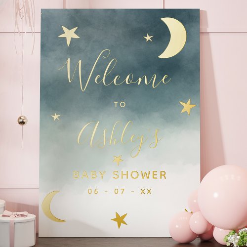 Gold moon star blue watercolor baby shower welcome foil prints