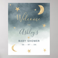 Gold moon star blue watercolor baby shower welcome poster